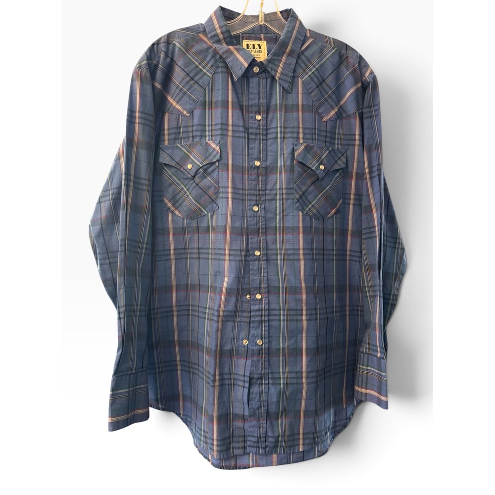 Ely Cattleman Mens Blue Plaid Western Pearl Snap Long Sleeve Shirt Large L